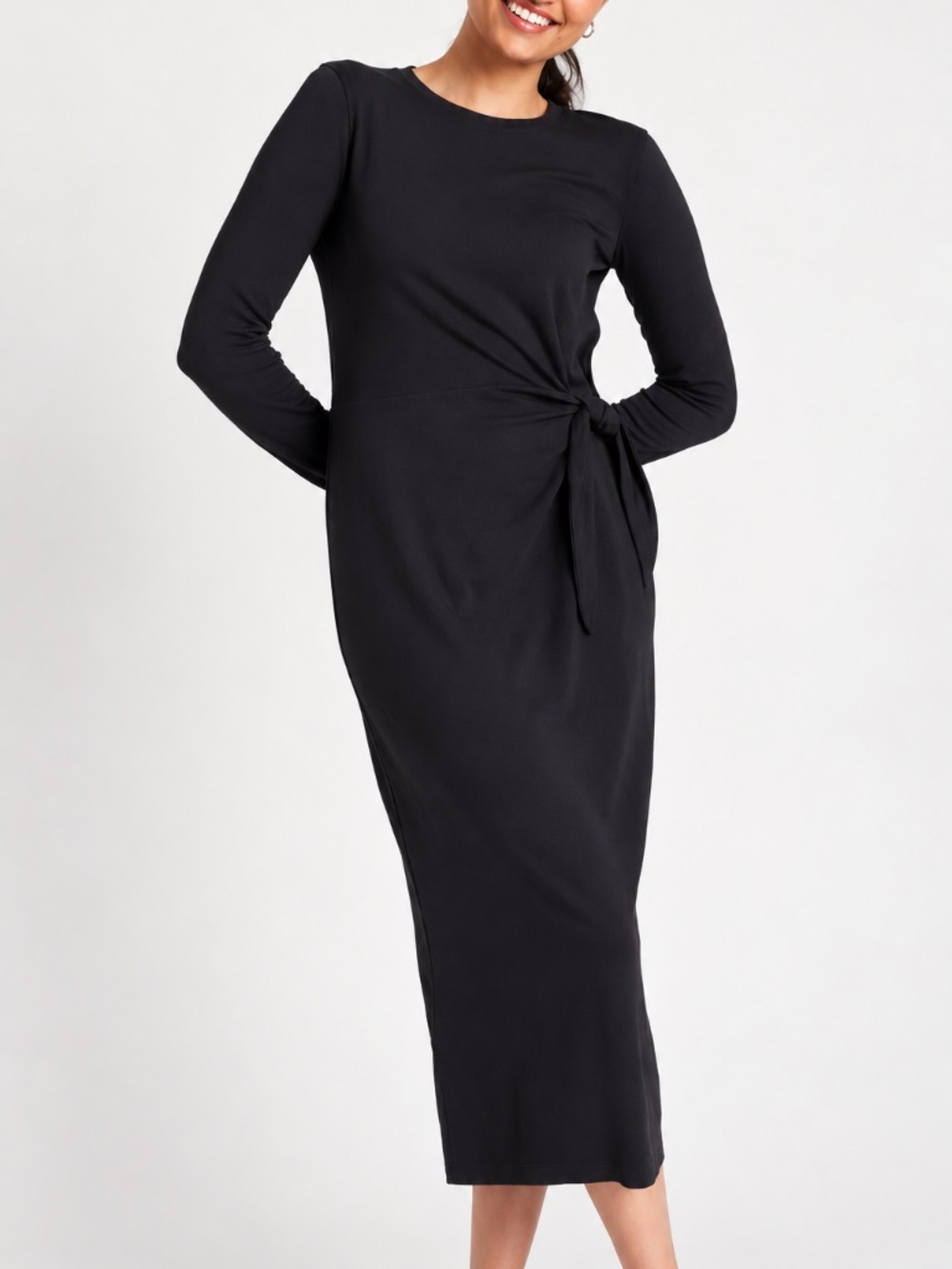 Kit and Ace Tie Brushed Black Long Sleeve Midi Side Tie Dress M